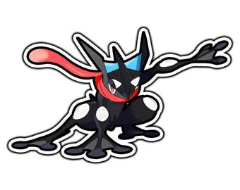 May include: A sticker featuring a black, frog-like creature in a crouching pose. It has a long pink scarf-like appendage, blue accents on its head, and white circular markings on its limbs. The character has sharp features and a dynamic stance.