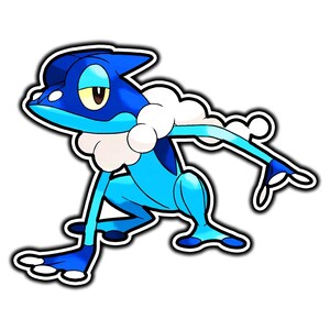 May include: A stylized illustration of a blue frog-like creature with a dark blue head, light blue limbs, and a white cloud-like collar around its neck. The character is depicted in a crouching pose with one arm extended outward and a white border.