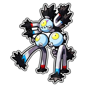 May include: A sticker illustration of a creature composed of three pale blue spherical heads with yellow eyes, connected by metallic horseshoe magnets with red and blue tips, accented with black spiky hair-like tufts and silver screws.
