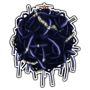 May include: A 3D rendering of a large, dark blue, tangled ball of tubes with a small orange figure on top.