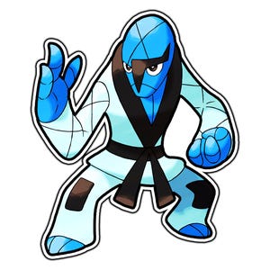 May include: A blue and white cartoon character wearing a white karate uniform with a black belt. The character has a blue face with a black mask and is in a fighting pose.