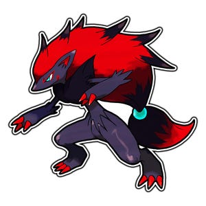 May include: A black and red Pokémon character with a long, flowing mane of red hair. The character has a blue eye and is in a fighting pose.
