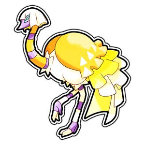 May include: A stylized illustration of a bird-like creature with a long neck featuring yellow and purple bands. The creature has a yellow head covering, a white body with yellow ruffled layers, and thin legs with purple accents and light-colored feet.