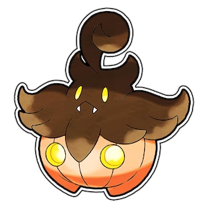 May include: A brown and orange cartoon pumpkin with a brown, furry top and two yellow eyes.