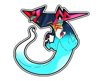 May include: A sticker illustration of a fictional creature with a dark blue and black head, red accents, and two small green creatures emerging from its head. The creature has a long, curved, light blue tail and a cream-colored chest area.
