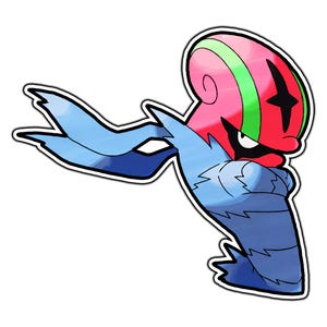 May include: A cartoon character with a red and green head, wearing a blue and white scarf, with a white outline.