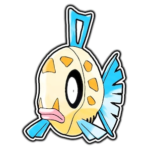 May include: A stylized illustration of a fish character with a cream-colored body, orange spots, and pink lips. It features bright blue fins and a blue dorsal fin, all outlined in black with a white border against a plain white background.
