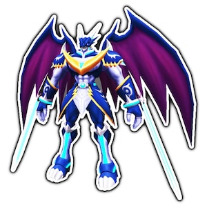 May include: A blue and purple winged creature with a yellow chest plate and two swords. The creature has a dragon-like head and is standing with its wings spread out.