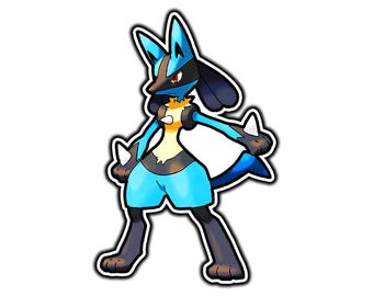 May include: A digital illustration of the bipedal creature Lucario, featuring blue and black fur, a cream-colored chest, red eyes, and a white spike on each hand and its chest. The character stands in a dynamic pose with a black outline.