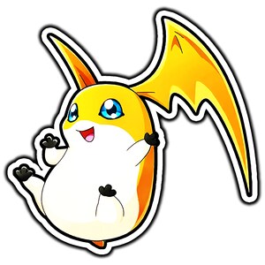 May include: A cartoon sticker of a yellow and white creature with large, orange wings. The creature has blue eyes, a smiling mouth, and black feet. The sticker has a black outline and is set against a white background.