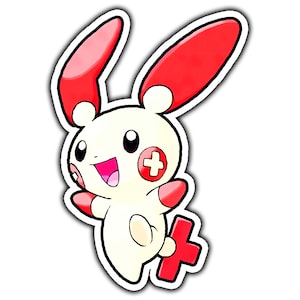 May include: A white cartoon character with red ears and a red plus sign on its chest. The character is smiling and has large, black eyes.