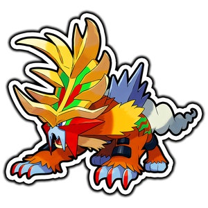 May include: A cartoon illustration of a fierce, orange and yellow creature with a red and green crest. The creature has sharp claws and fangs, and a long, flowing tail.