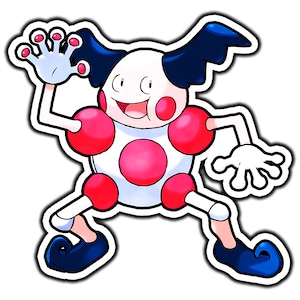 May include: A cartoon illustration of a white and pink Pokémon with blue ears and black eyes. The Pokémon has a large red circle on its chest and two smaller red circles on its sides. It is waving with its right hand and has a big smile on its face.