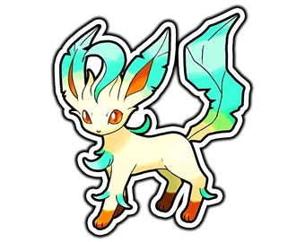 May include: A sticker illustration of a quadruped creature with cream-colored fur, large pointed ears with teal tips, orange eyes, and a large, jagged, teal and green leaf-like tail. The creature has orange paws and teal accents on its legs.