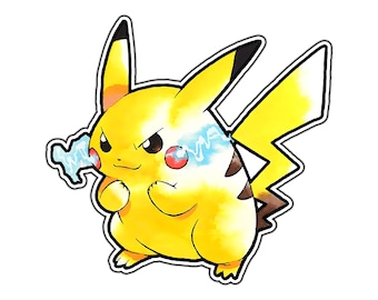 May include: A yellow Pikachu character illustration with pointed ears featuring black tips, red circular cheeks, and a lightning bolt-shaped tail. The character has a determined expression with blue electrical sparks emanating from its cheeks.