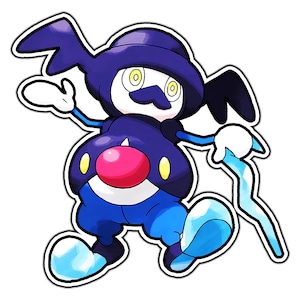 May include: A cartoon character with a blue and purple body, a pink nose, and a blue hat. The character is holding a blue and white staff.