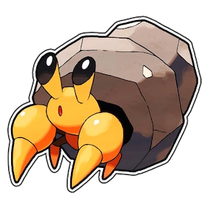 May include: A cartoon illustration of a yellow and orange crab-like Pokemon with a brown, rocky shell. The Pokemon has large, black eyes and a red mouth.
