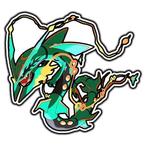 May include: A green and black cartoon illustration of a mythical creature with a long tail and a sharp, pointed head. The creature has a yellow and orange design on its head and body.