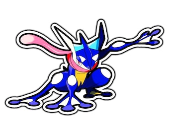 May include: A die-cut sticker featuring a blue, black, and yellow frog-like creature in a crouching pose. The character has a long pink tongue wrapped around its neck, white circular markings on its legs, and pointed blue head appendages.