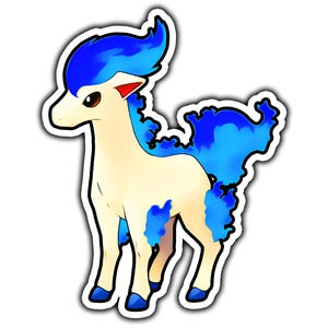 May include: A sticker featuring a cream-colored quadruped creature with a flowing mane and tail made of bright blue flames. The creature has dark eyes, small red-tipped ears, and blue hooves, all outlined in a thick white border against a white background.