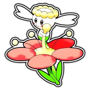 May include: A cartoon sticker featuring a small white creature with a yellow crown-like headpiece, holding onto the yellow stamen of a large red flower with green leaves. The character has large black eyes and small red cheeks, outlined in black.