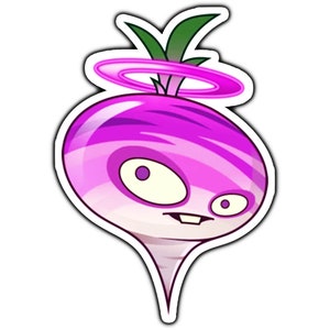 May include: A cartoon illustration of a purple and white turnip with a halo. The turnip has a surprised expression with large eyes and a wide mouth.