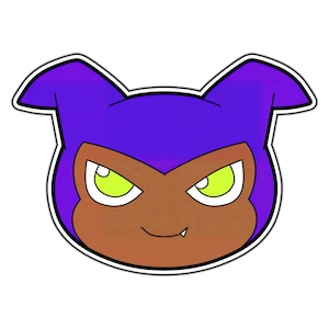 May include: A cartoon character with purple ears and a purple hood. The character has brown skin, green eyes, and a mischievous grin.