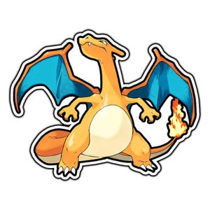 May include: A die-cut sticker featuring a cartoon dragon character with orange skin, a cream-colored belly, and large blue wings. The creature has a long tail ending in a bright yellow and orange flame, standing in a confident pose.