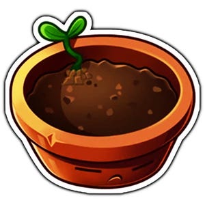 May include: A round, orange-brown terracotta-style plant pot with a thick rim and a small, green two-leaf sprout emerging from dark brown soil. The exterior of the pot features a simple, etched line drawing of a sad, closed-eye facial expression.