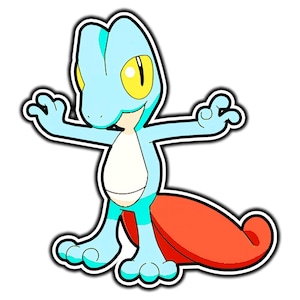May include: A cartoon sticker of a light blue lizard-like creature with large yellow eyes, a white belly, and a prominent red tail. The character has three-fingered hands raised in a gesture, outlined in black and white against a plain background.