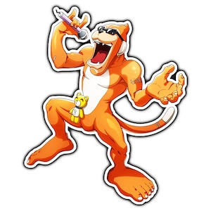 May include: An orange cartoon lion wearing sunglasses and holding a microphone sings with its mouth open. The lion has a small yellow teddy bear attached to its belt.