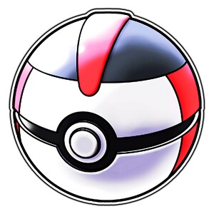 May include: A white and red Poke Ball with a black ring around the center. The Poke Ball has a black and white design on the front.