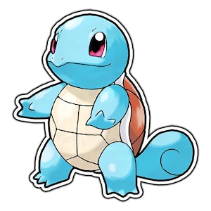 May include: A cartoon image of Squirtle, a blue turtle-like Pokémon character. Squirtle has a light blue body, a tan and white shell, and a brown shell on its back. It has large, pink eyes and is standing on its hind legs.