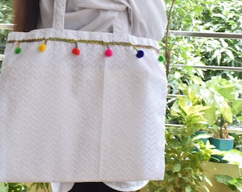 Colorful pom pom lace bag chikankari fabric handbag white color double strap casual bag handmade bags tote shoulder bag spacious bag women