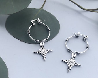 Engraved Tuareg Dangle Hoop Earrings, Silver & Brass