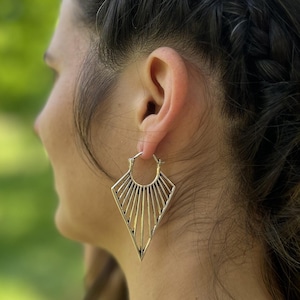 Geometric Silver Hoop Earrings – Diamond Shape Boho Statement Hoops