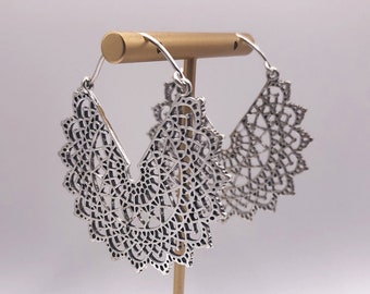 Handmade Mandala Silver Hoop Earrings: Geometric Statement Jewelry