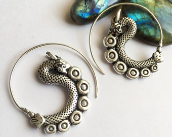 Silver Dragon Hoop Earrings, 3D Dragon Scale Texture, Witchy Earrings for Magical Style. Enchanting Hoops, Gothic Earrings, Fantasy Earrings