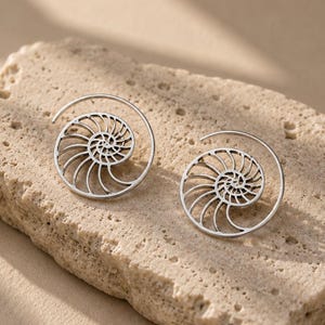 Silver Nautilus Hoop Earrings – Ammonite Spiral, Nature Inspired Jewelry