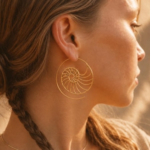 Nautilus Hoop Earrings • Ammonite Spiral Hoops • Brass or Silver Sacred Geometry Medium BRASS