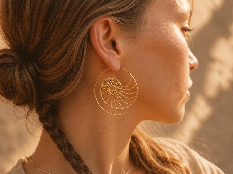 Nautilus Hoop Earrings • Ammonite Spiral Hoops • Brass or Silver Sacred Geometry Medium BRASS