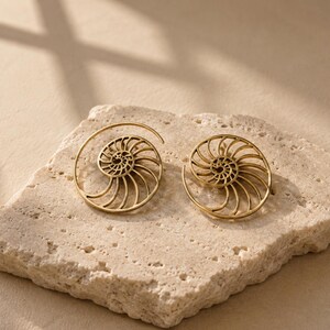 Nautilus Hoop Earrings • Ammonite Spiral Hoops • Brass or Silver Sacred Geometry image 3