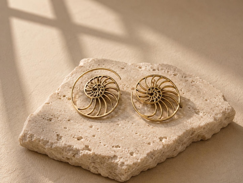 Nautilus Hoop Earrings • Ammonite Spiral Hoops • Brass or Silver Sacred Geometry image 3
