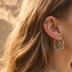 Nautilus Hoop Earrings • Ammonite Spiral Hoops • Brass or Silver Sacred Geometry Small SILVER