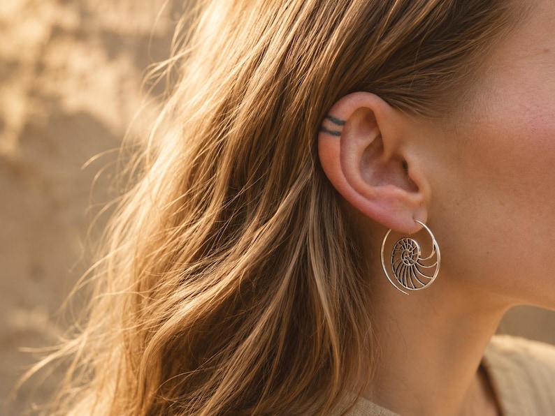 Nautilus Hoop Earrings • Ammonite Spiral Hoops • Brass or Silver Sacred Geometry Small SILVER