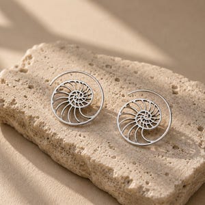 Nautilus Hoop Earrings • Ammonite Spiral Hoops • Brass or Silver Sacred Geometry image 10