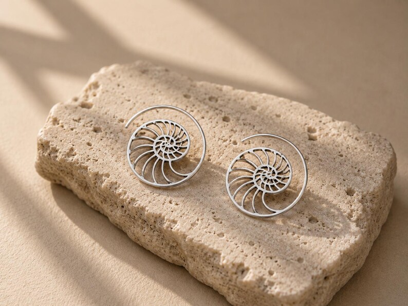 Nautilus Hoop Earrings • Ammonite Spiral Hoops • Brass or Silver Sacred Geometry image 10