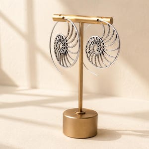 Nautilus Hoop Earrings • Ammonite Spiral Hoops • Brass or Silver Sacred Geometry image 14