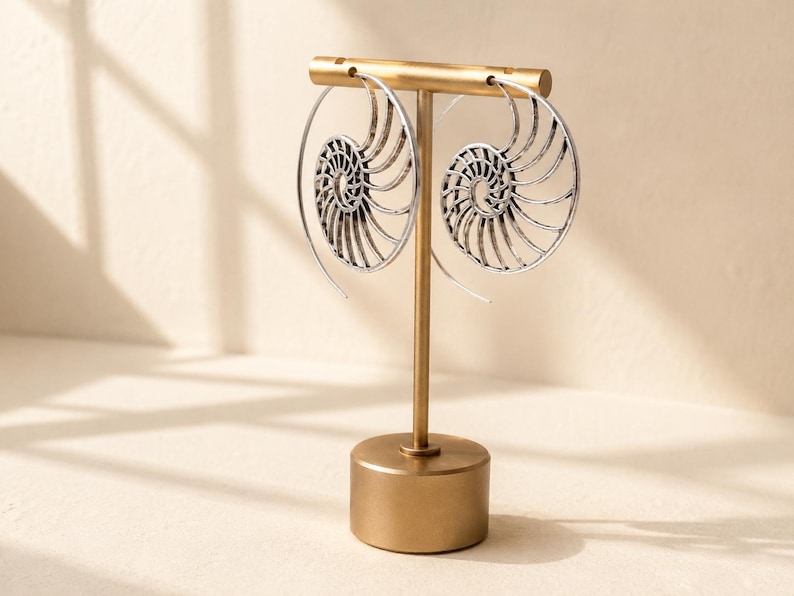 Nautilus Hoop Earrings • Ammonite Spiral Hoops • Brass or Silver Sacred Geometry image 14