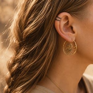 Nautilus Hoop Earrings • Ammonite Spiral Hoops • Brass or Silver Sacred Geometry Small BRASS
